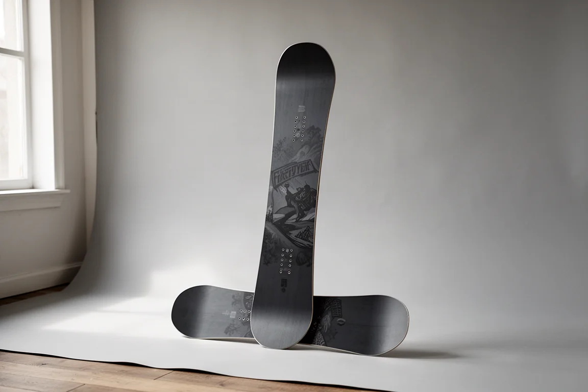 Whitespace AMF Twin freestyle snowboard standing upright on a neutral studio backdrop