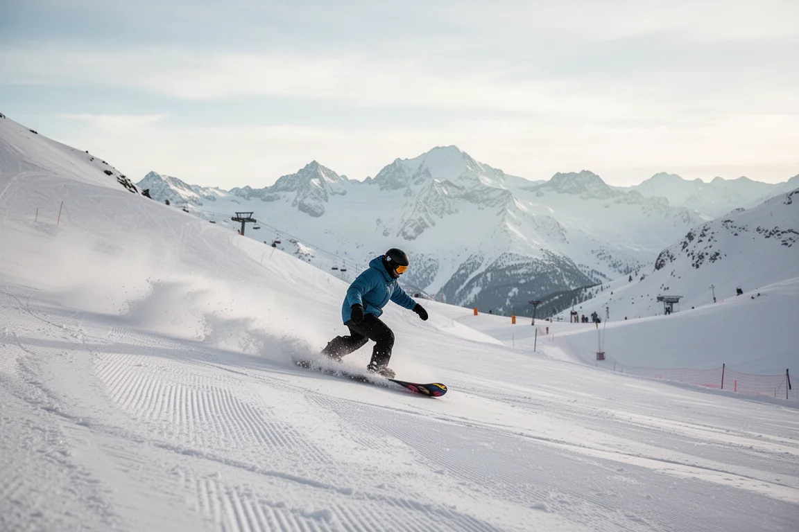 Snowboarder riding a groomed alpine slope with mountain peaks in the background