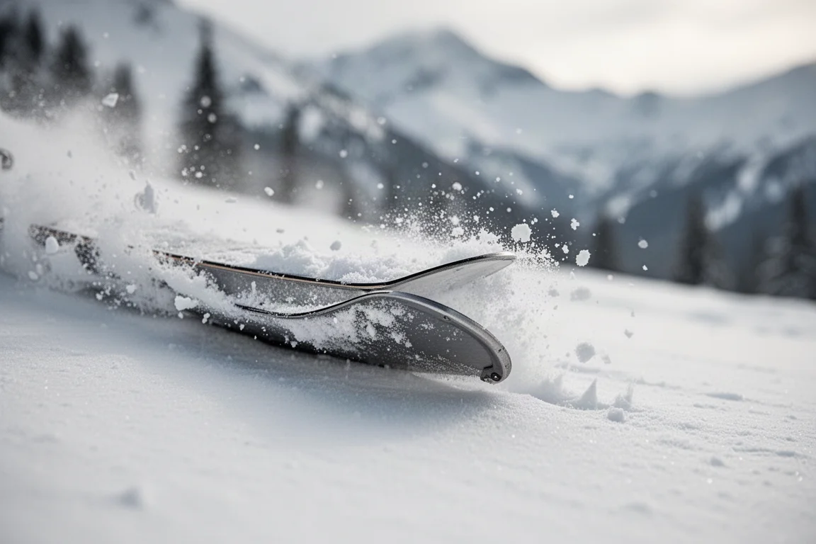 Close-up of a snowboard edge biting into packed firm snow