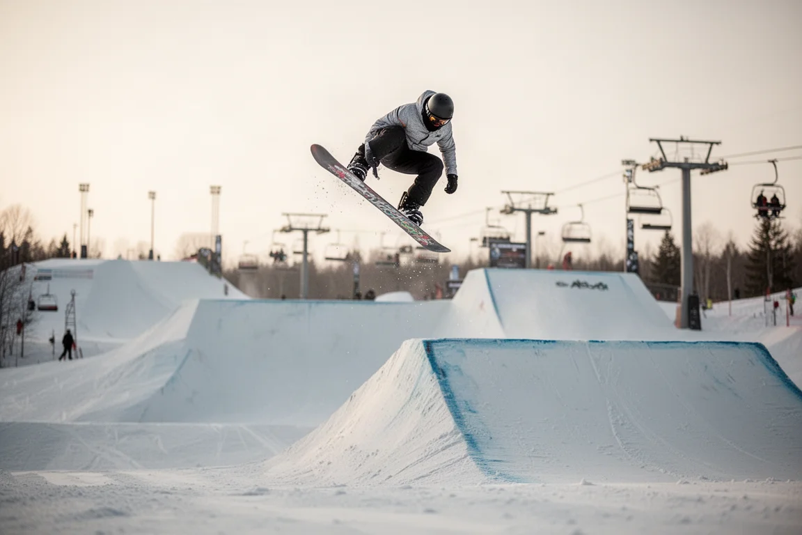 Snowboarder launching off a large park jump at a terrain park