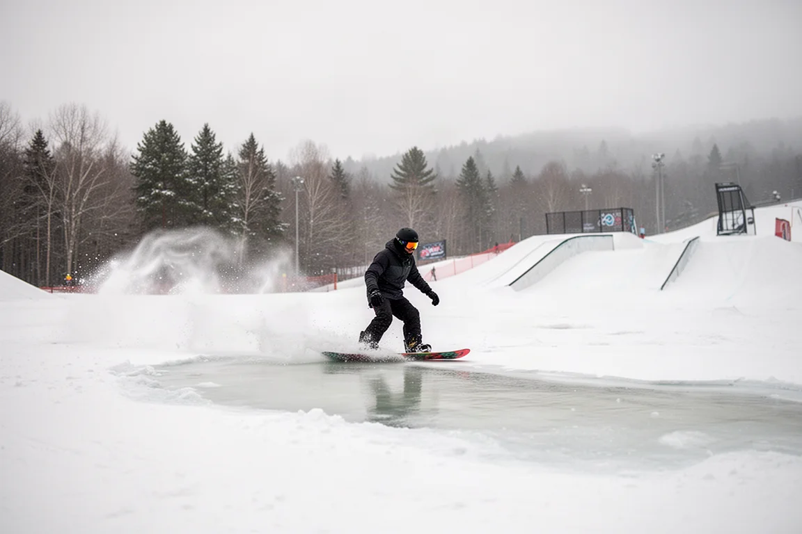 Snowboarder riding through fresh powder near the tree line