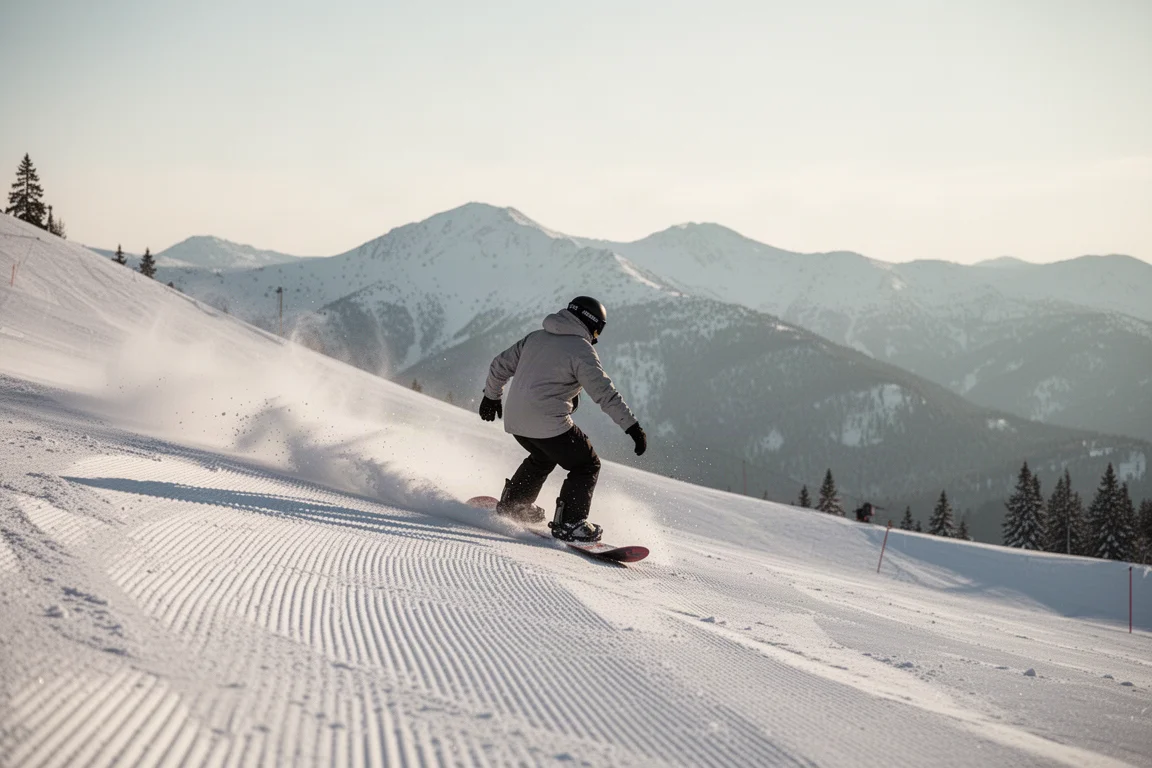 Snowboarder zieht frische Kurven auf einer präparierten Piste bei hellem Tageslicht