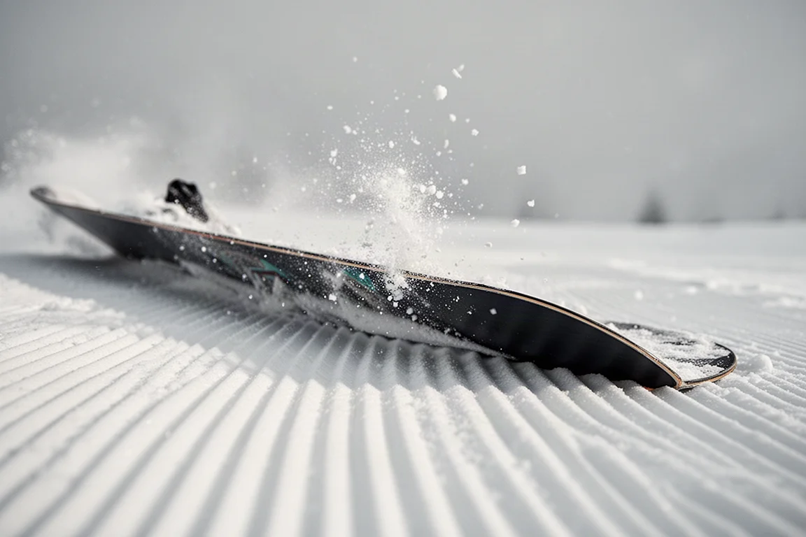 Nahaufnahme einer Snowboard-Kante, die sich bei einer Kurve in die präparierte Piste gräbt