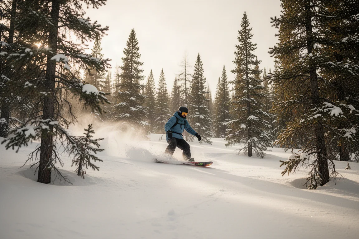 Snowboarder fährt durch Pulverschnee zwischen Bäumen im Backcountry