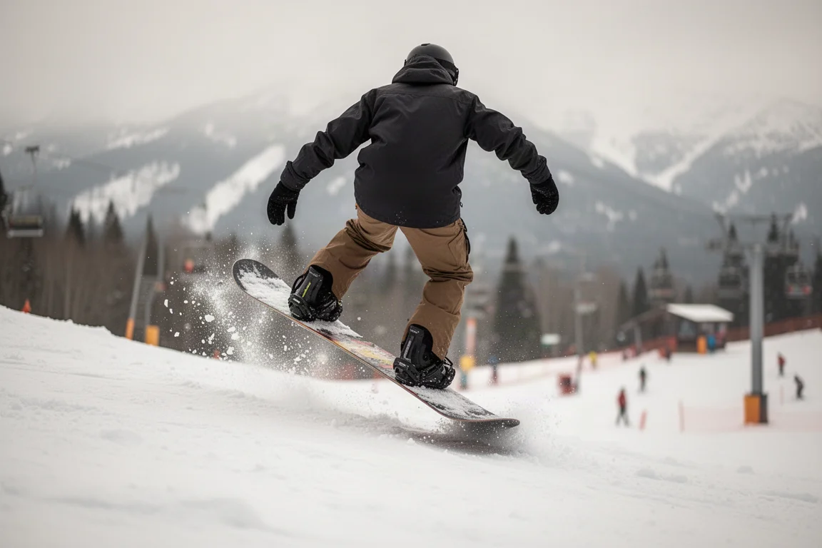 Snowboarder drückt beim Butter-Trick die Boardnase auf einer verschneiten Piste nach unten