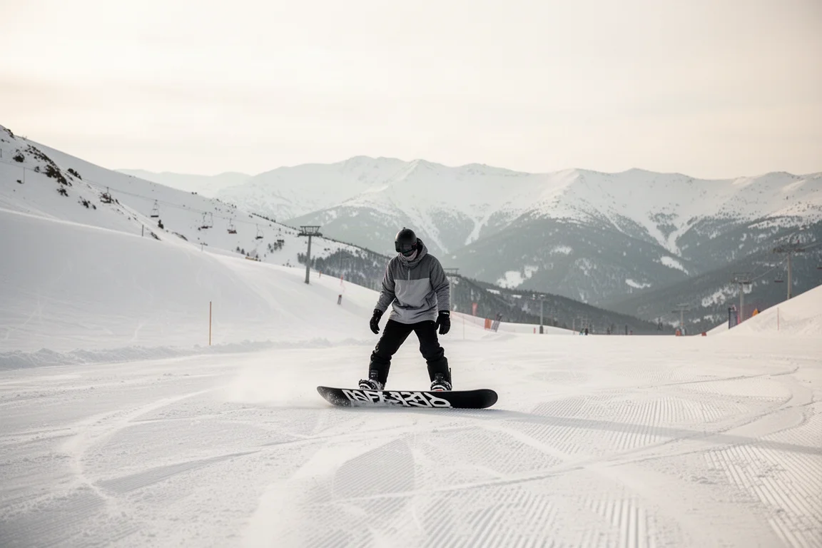 Snowboarder on a mountain slope with a black and white all-mountain snowboard