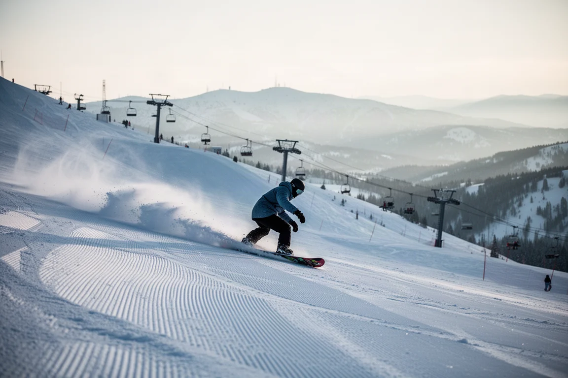 滑雪者在晨光柔和的壓雪坡道上轉彎滑行