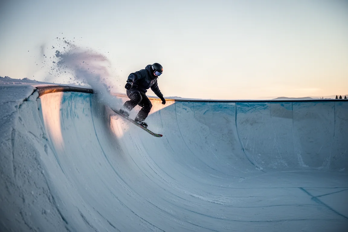 Snowboarder snijdt hoog in de wand van een halfpipe bij dawnschemering met opspattende sneeuw