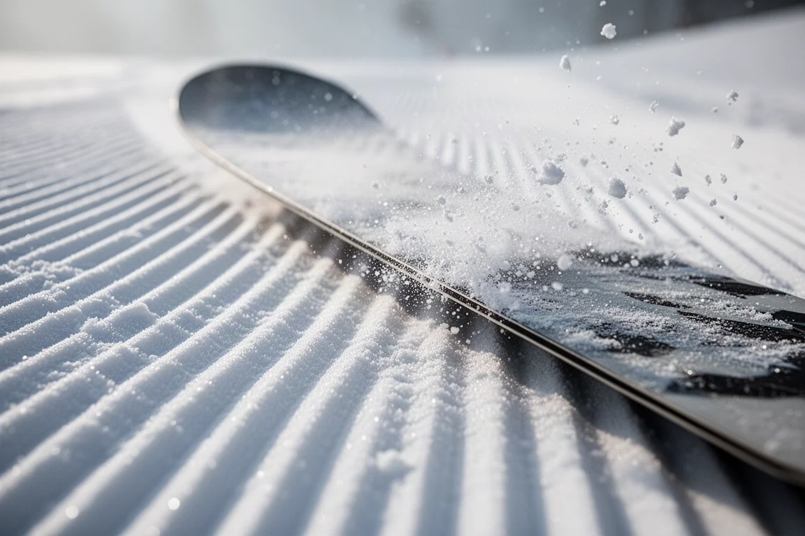 Close-up van een snowboardrand die door netjes geprepareerde sneeuw snijdt