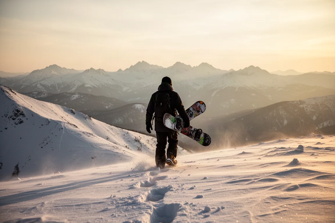 Snowboarder oversteekt een door de wind geveegde bergrug op het gouden uur met een board onder de arm