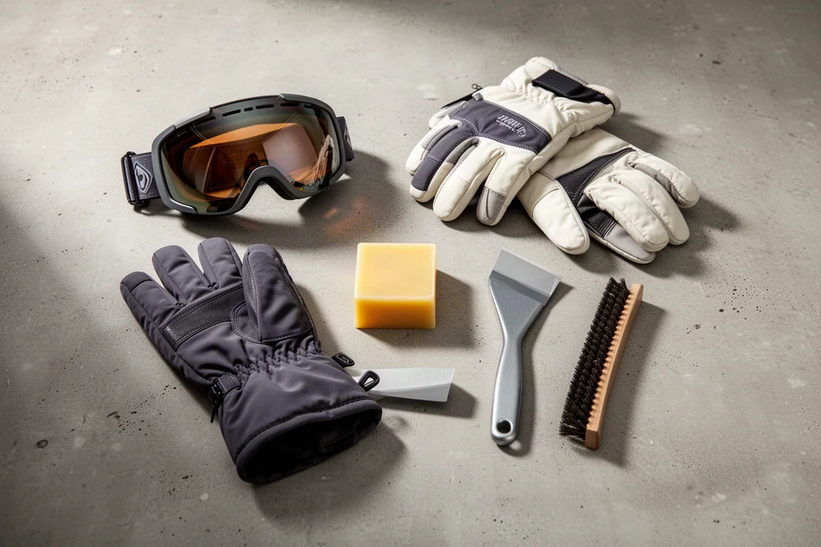 Van bovenaf genomen platliggende opstelling van skibrillen, handschoenen, wax en afstelgereedschap op beton