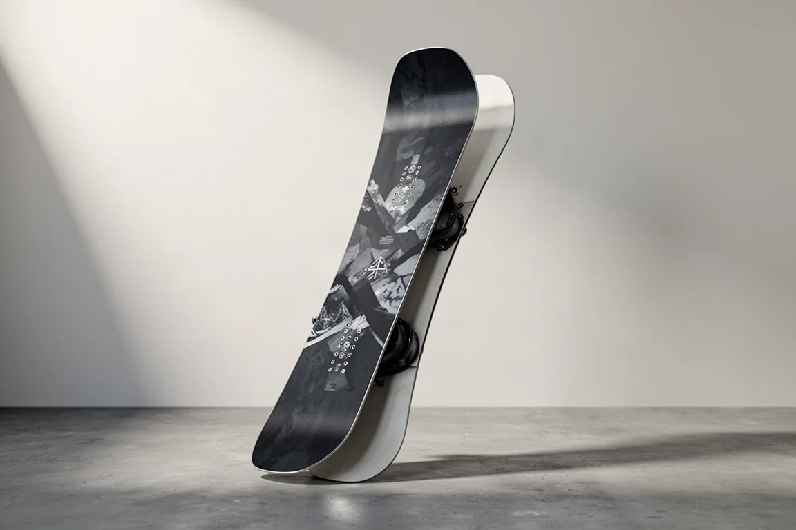 Directional snowboard standing upright on a concrete surface in studio light