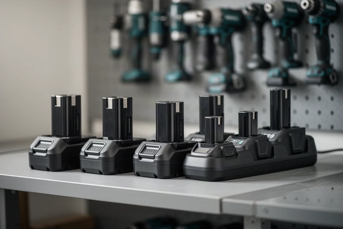 Stapel accupacks van accugereedschap die opladen op een werkplaatsplank