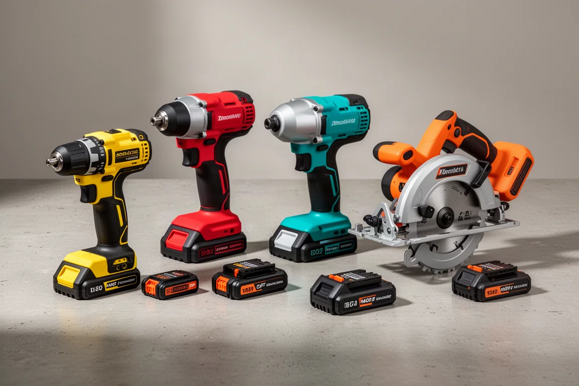Cordless power tools and battery packs lined up on a concrete surface