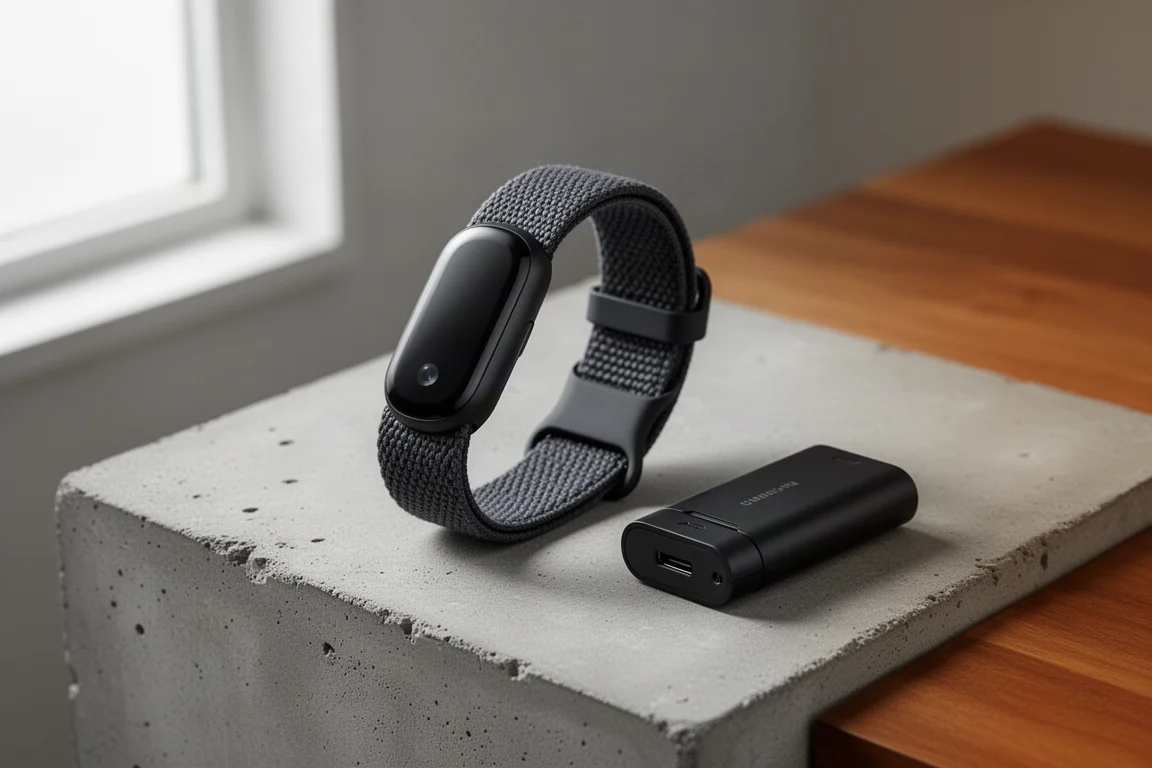Whoop 4.0 sensor pod on fabric wrist strap beside its battery pack on concrete