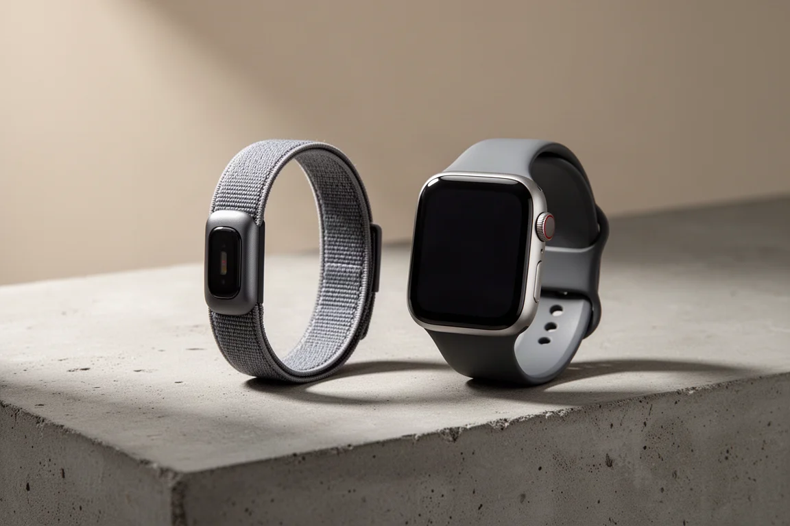 Whoop 5.0 band and Apple Watch Series 10 side by side on concrete