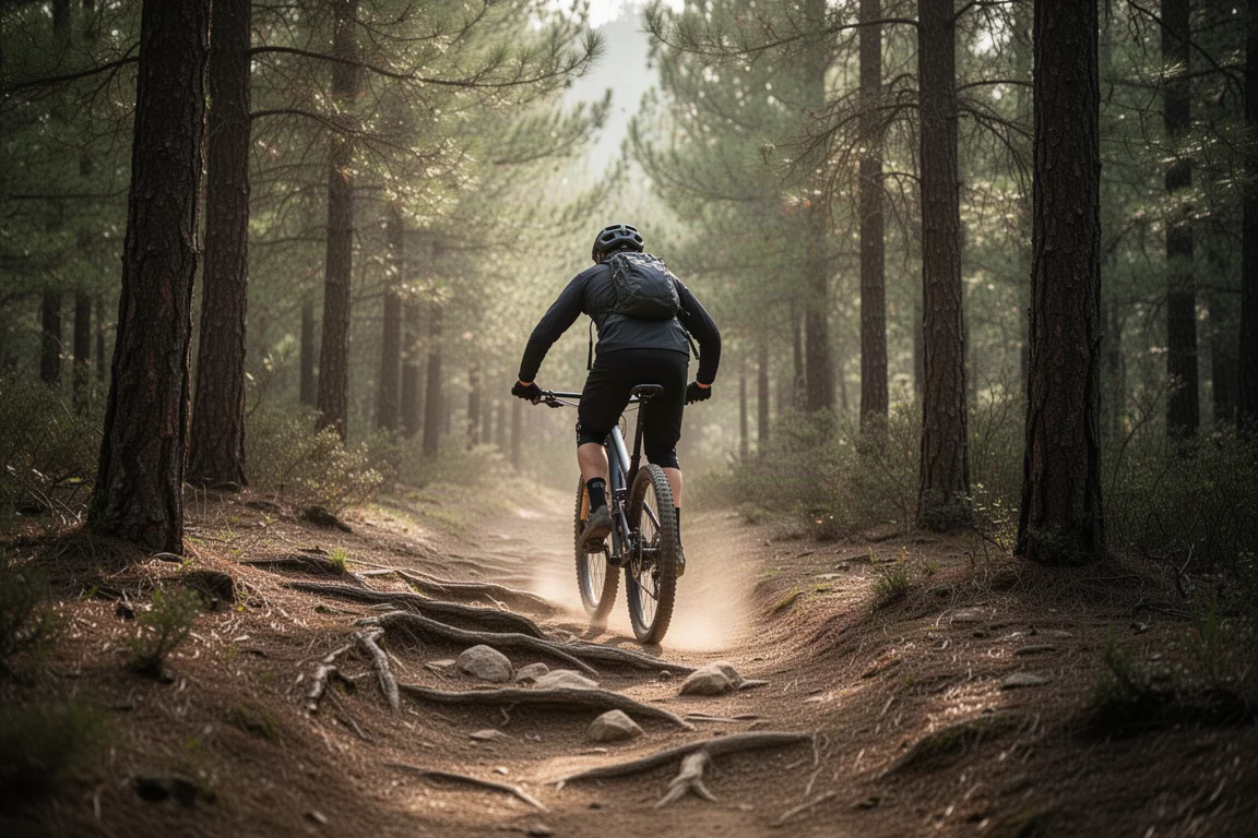 晨光下,車手騎著 Trail 山地單車在森林泥路上前進