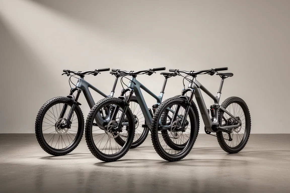 Drie volledig geveerde mountainbikes naast elkaar op een betonnen studiovloer