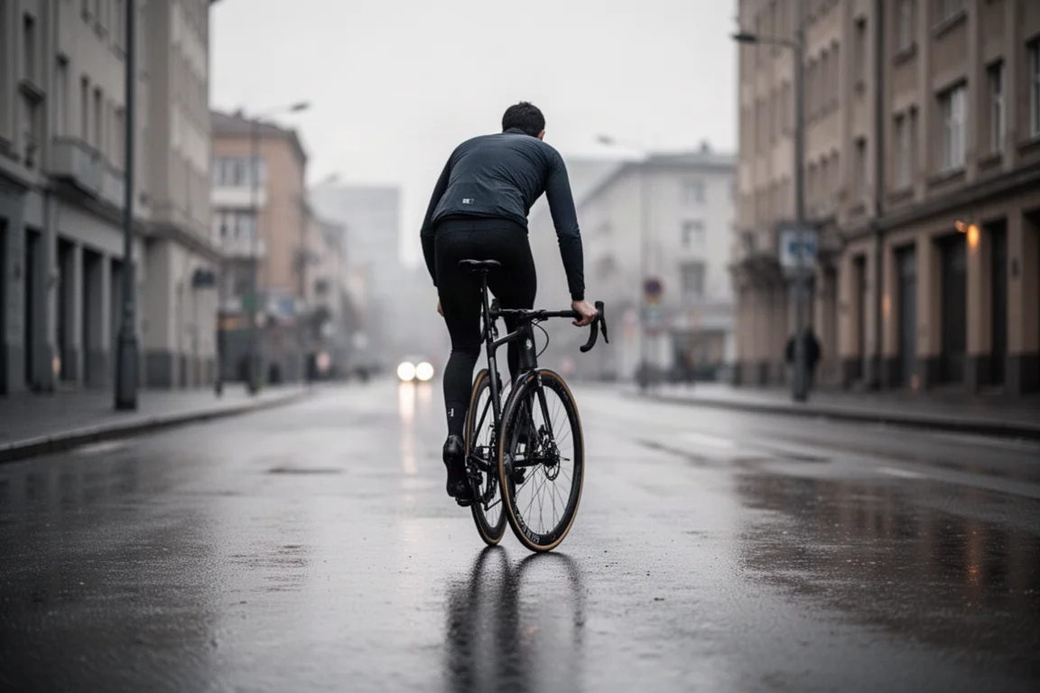 Ciclista su una bici da strada endurance in una tranquilla strada cittadina all'alba