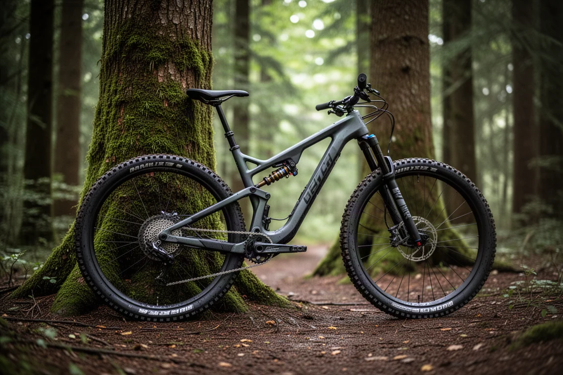 Mountain bike full suspension appoggiata a un albero su un sentiero nel bosco
