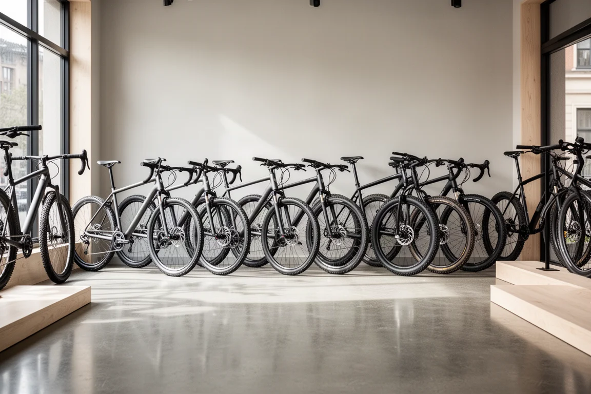 Fila di bici da strada e mountain bike allineate dentro un luminoso negozio di bici