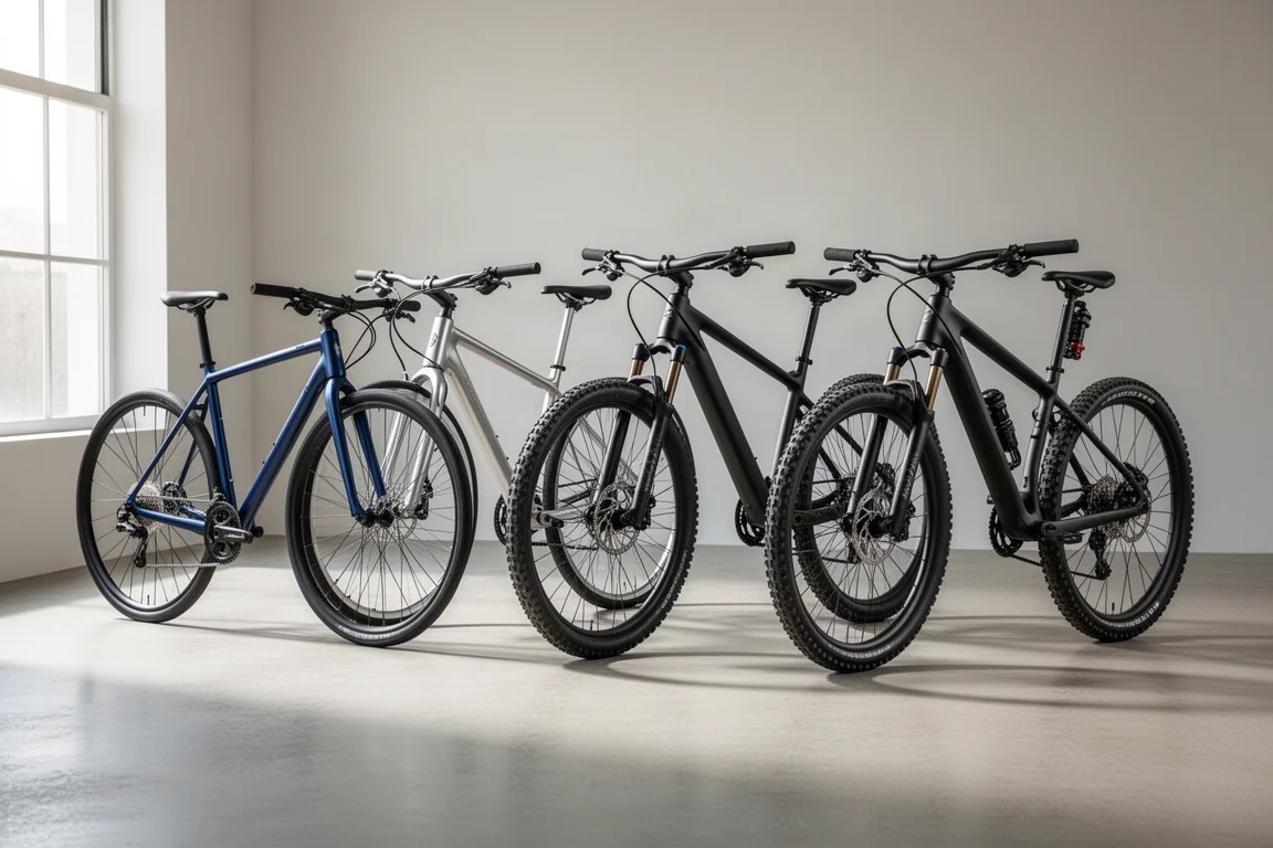 Rij race- en mountainbikes op een rij in een minimalistische showroom