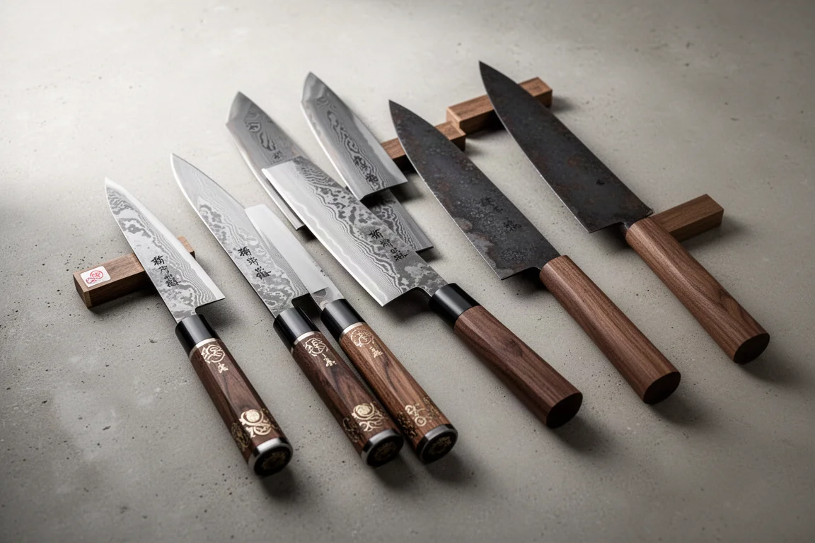 Six Japanese kitchen knives in two rows showing premium and affordable tiers