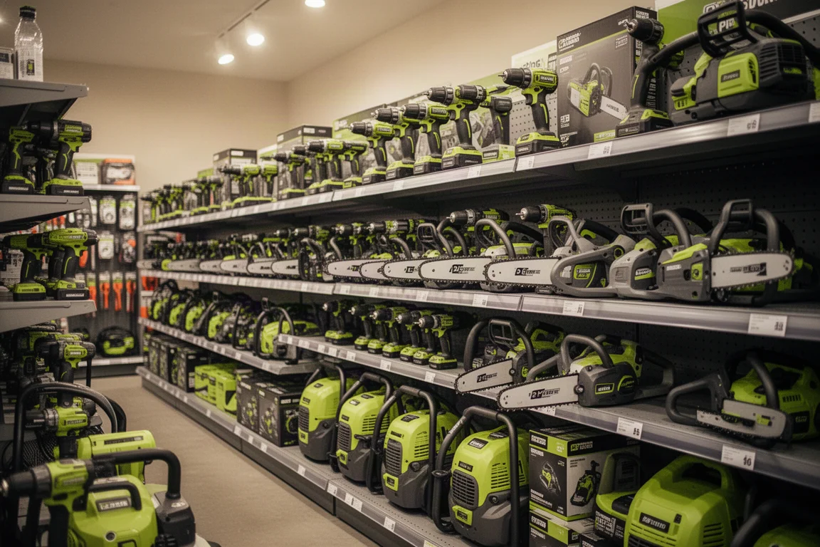 Hardware store aisle stocked with cordless power tools on shelves