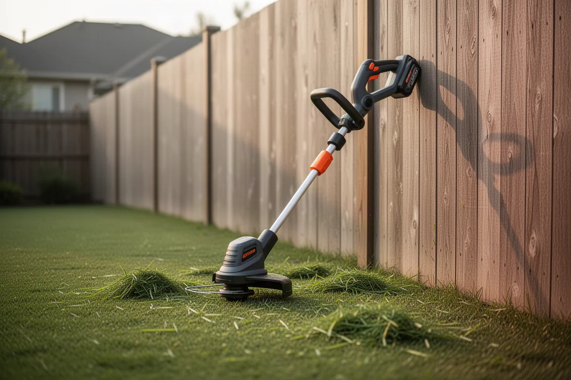 String trimmer and outdoor cordless equipment on a suburban lawn