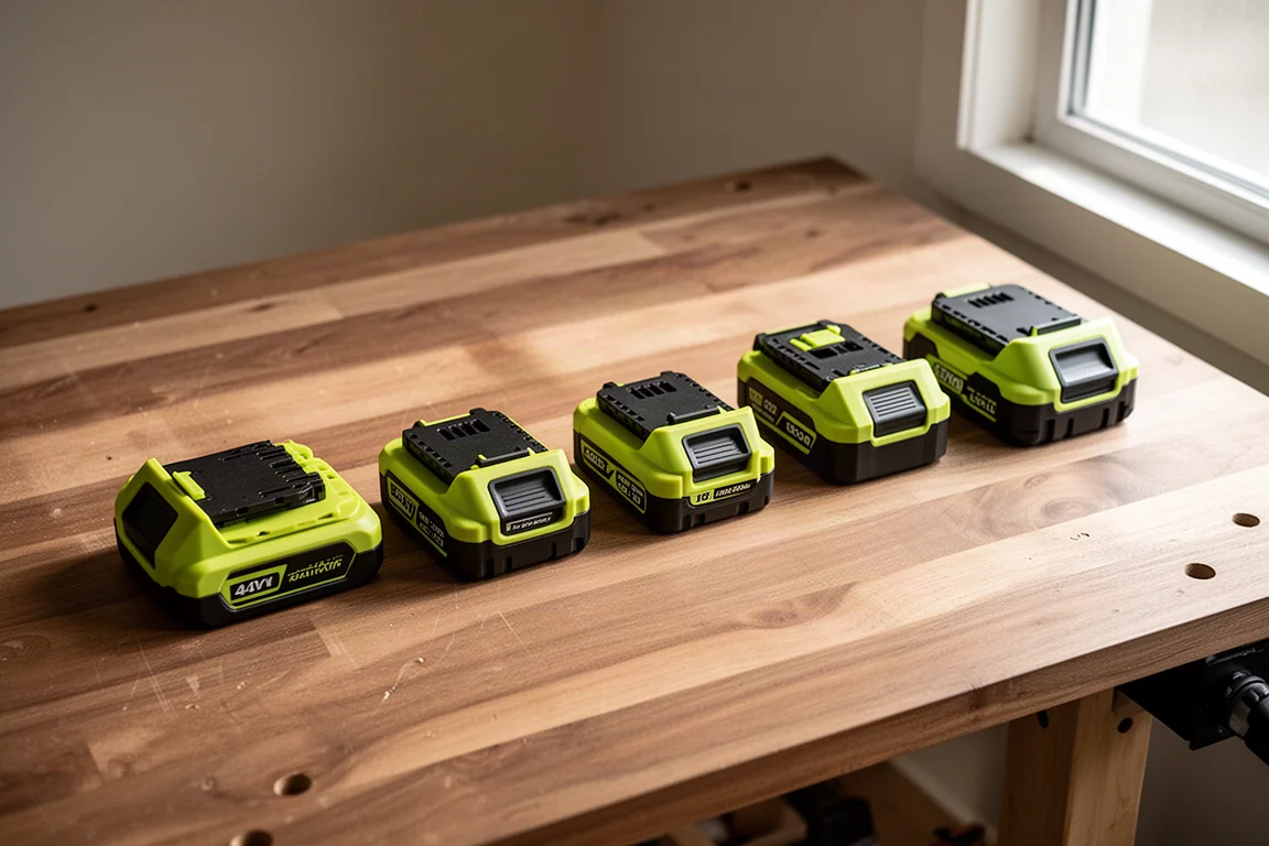 Workbench with cordless tool batteries lined up in a row