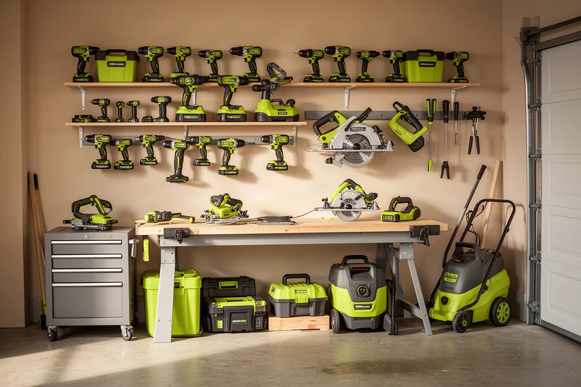 Home garage workshop filled with cordless tools organized on shelving