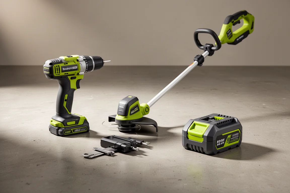 Collection of cordless power tools with batteries on a concrete workshop floor