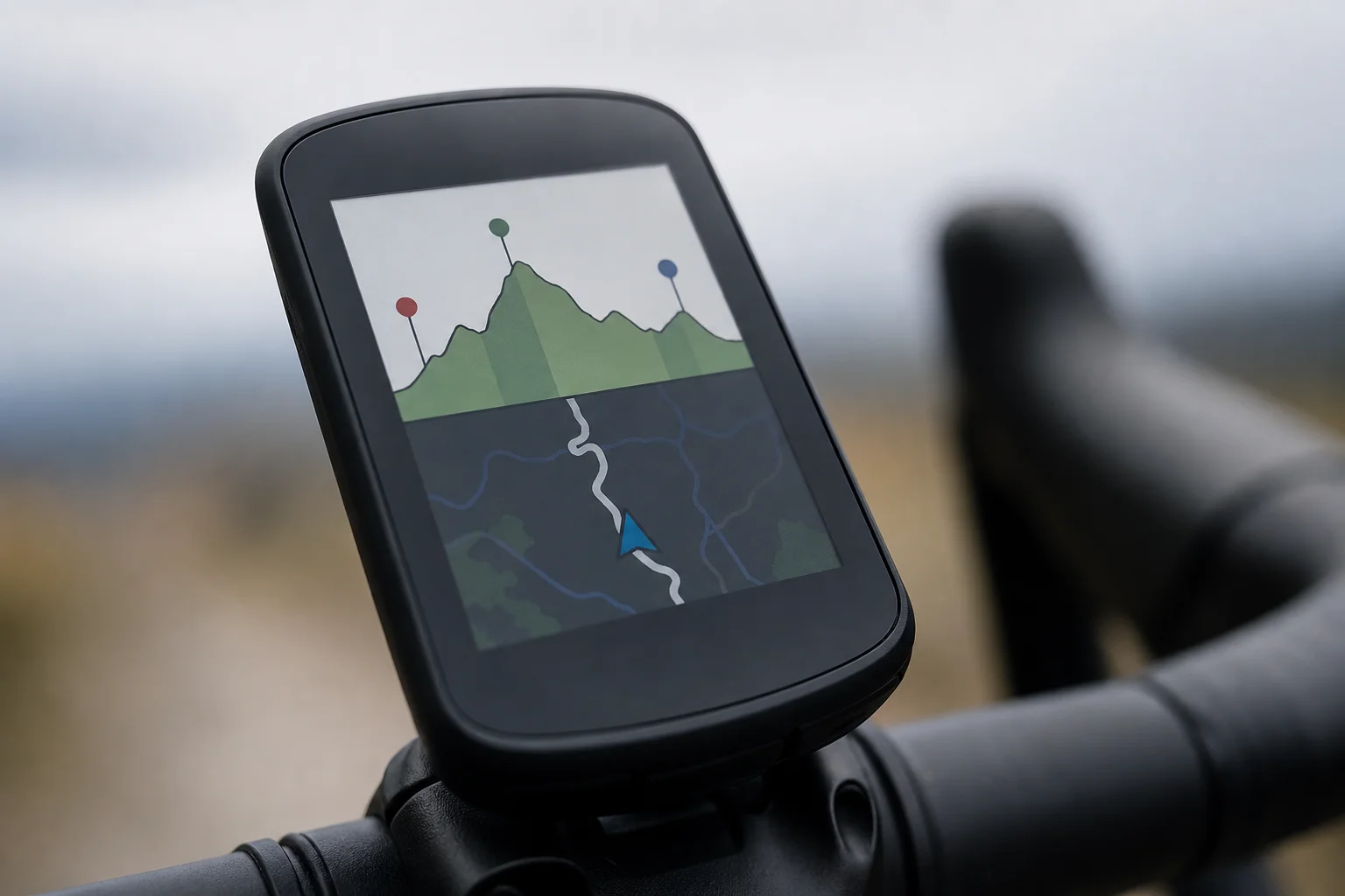 Nahaufnahme eines GPS-Bildschirms mit Höhenprofil und Wegpunkten