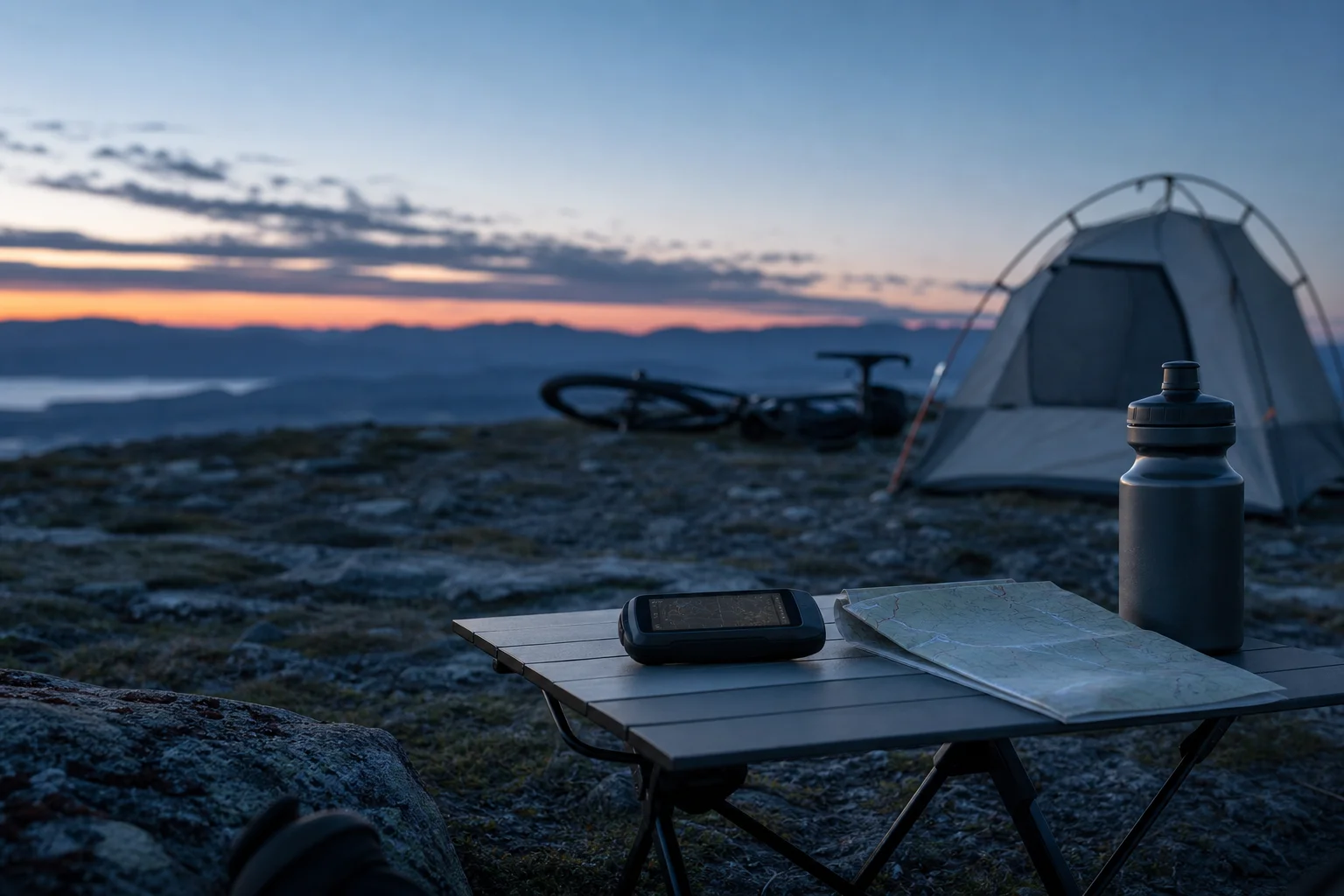 Bikepacker beim Campen an einem abgelegenen Ort mit GPS-Gerät auf einem Campingtisch