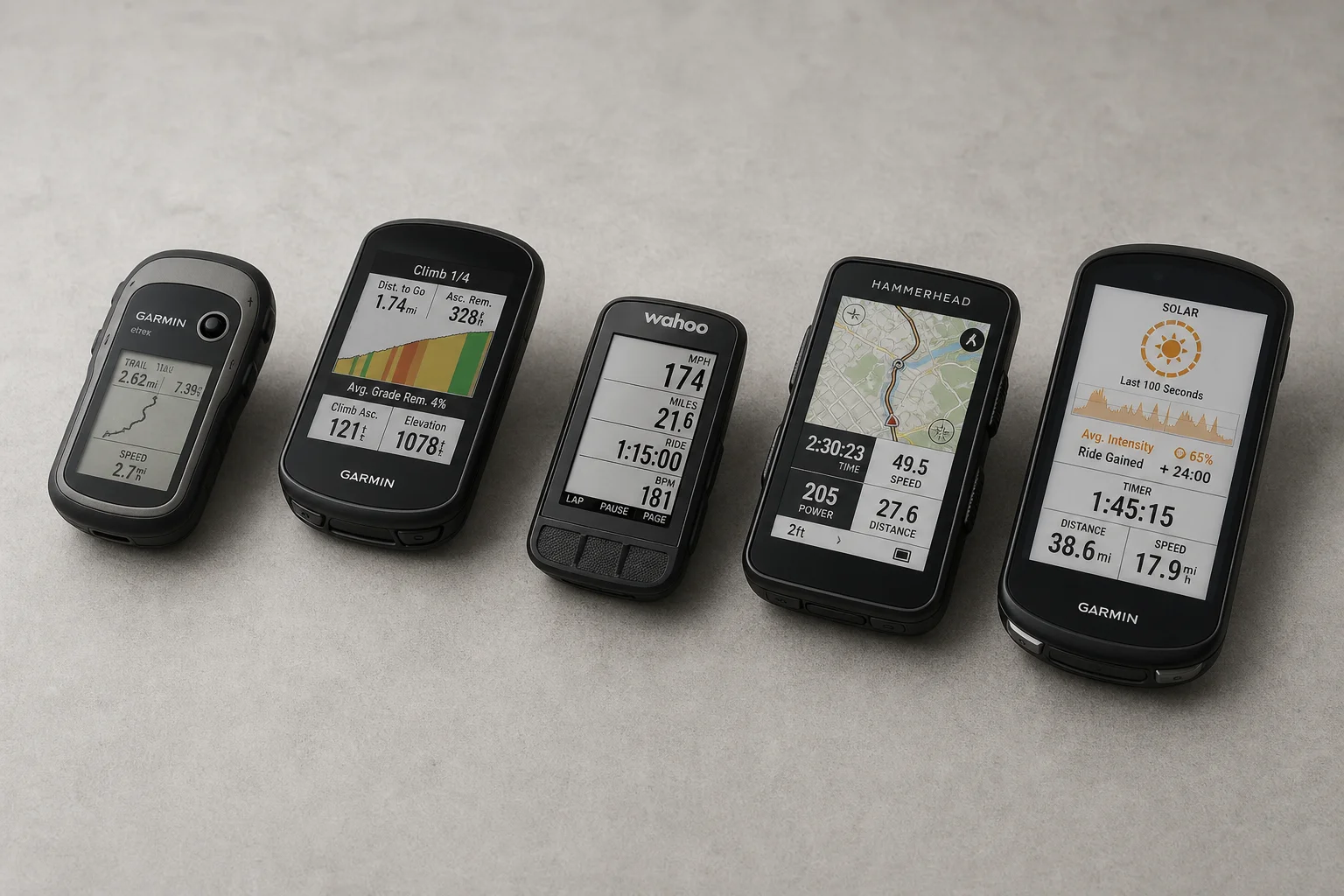 Cinque ciclocomputer GPS disposti su una superficie in cemento