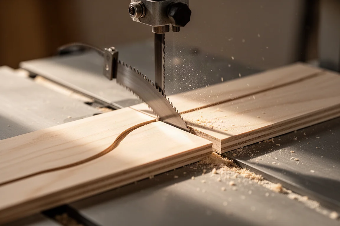 Lama di una sega a traforo che taglia una linea curva in legno sottile