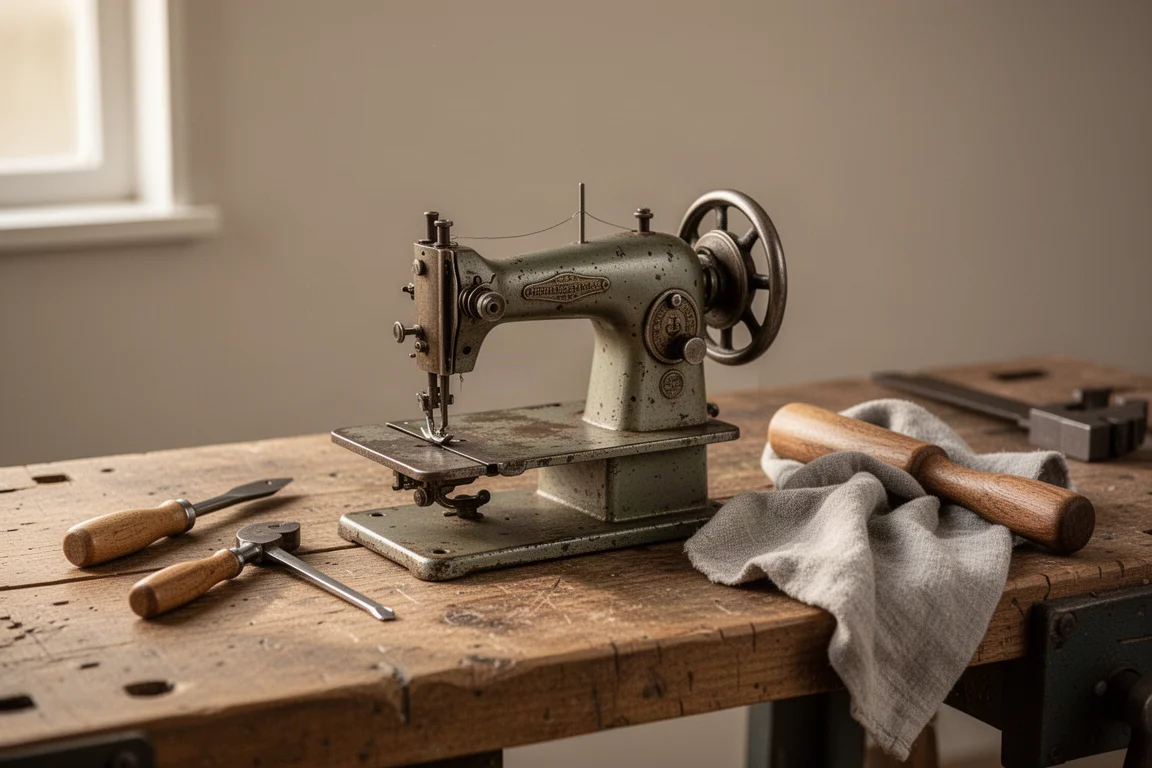 Banco da officina con una macchina vintage restaurata e utensili manuali