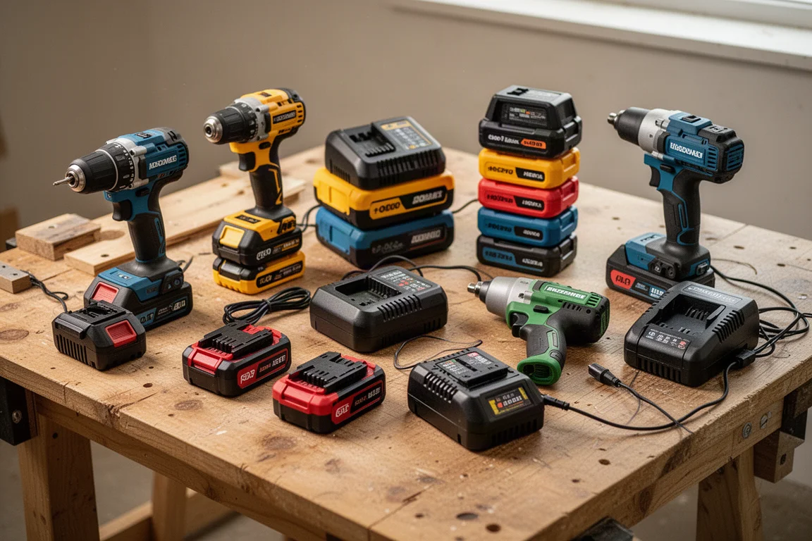 Workshop workbench with a mix of cordless tools and batteries from different brands