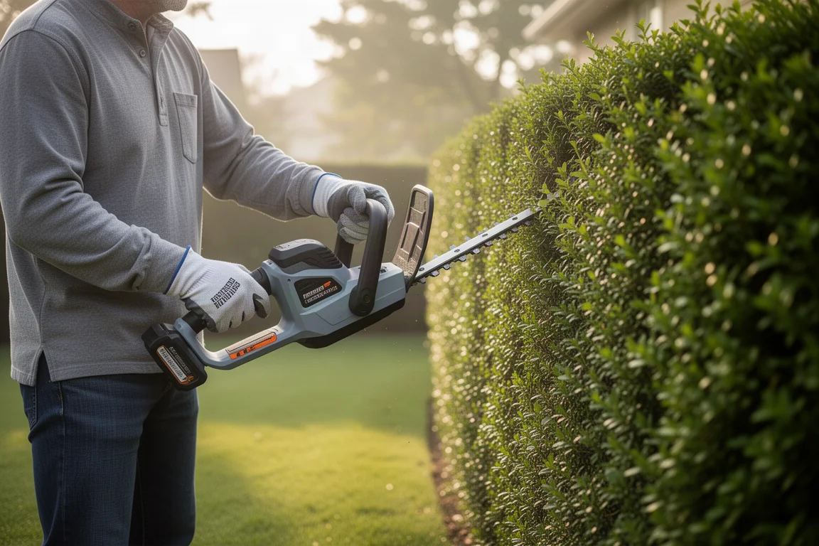 Homeowner trimming tall hedges with a cordless hedge trimmer in a yard