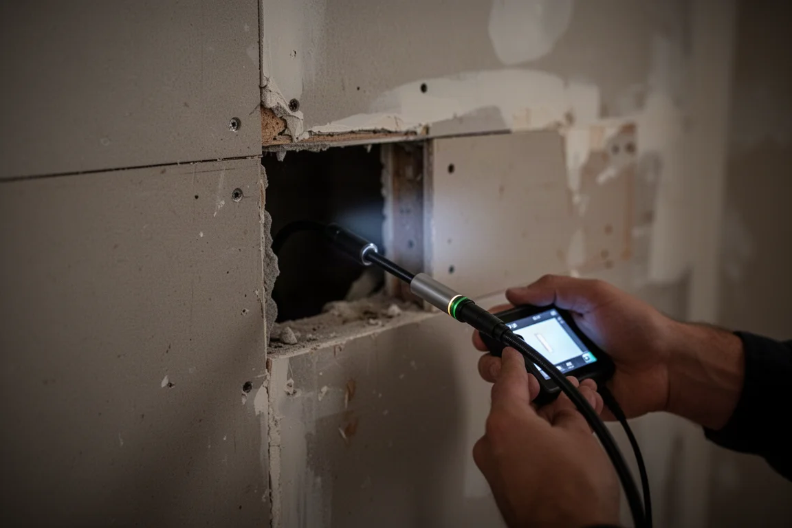 Flexible inspection camera probe being guided into a dark wall cavity