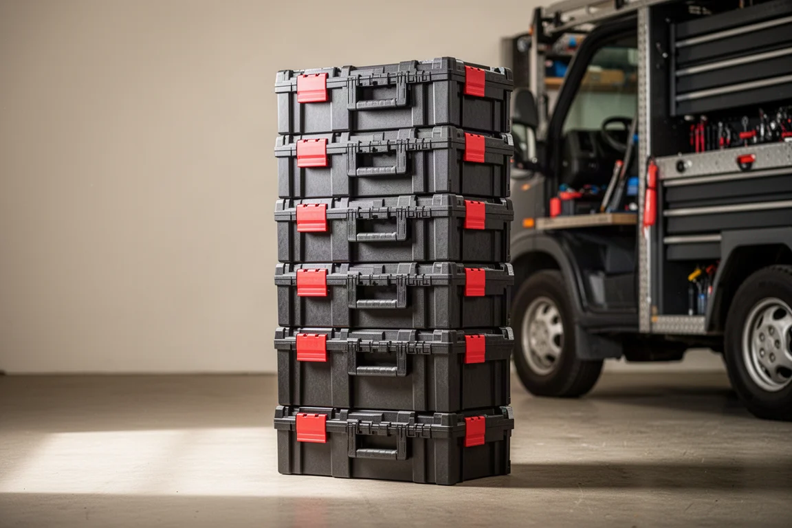 Stacked modular tool storage boxes in a van or workshop setting
