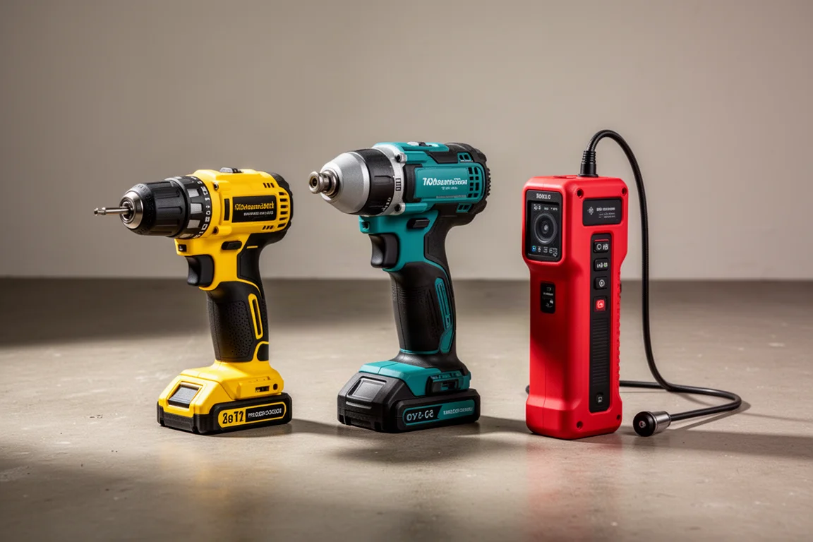 Three cordless power tools from different brands arranged on a concrete workshop floor