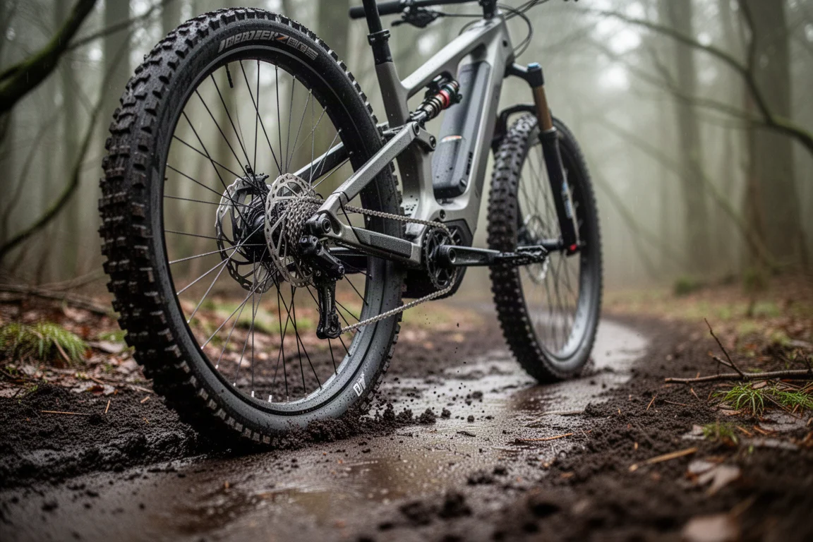Detal mufy suportowej elektrycznego roweru górskiego z niskiego kąta na mokrej leśnej ścieżce