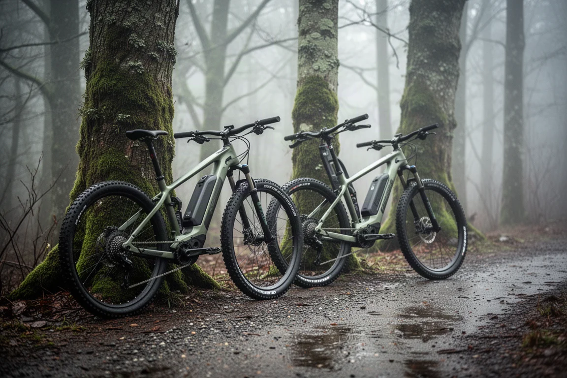 Twee lichte carbon e-mountainbikes leunen tegen met mos begroeide bomen in een vochtig winterbos
