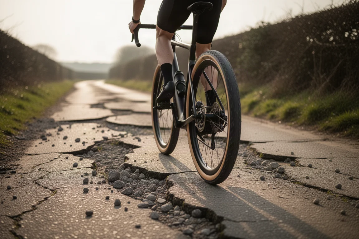 Road cyclist riding a wide-tired bike along a broken country lane at golden hour
