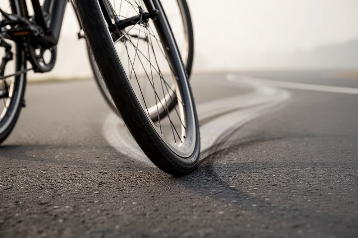 Close-up of a bicycle tire leaning into a corner on smooth tarmac