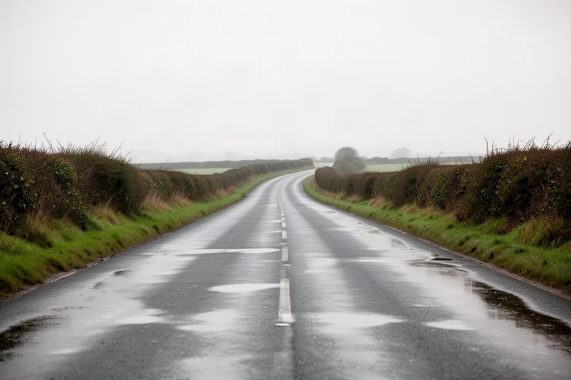 Empty country road curving between hedges under an overcast sky