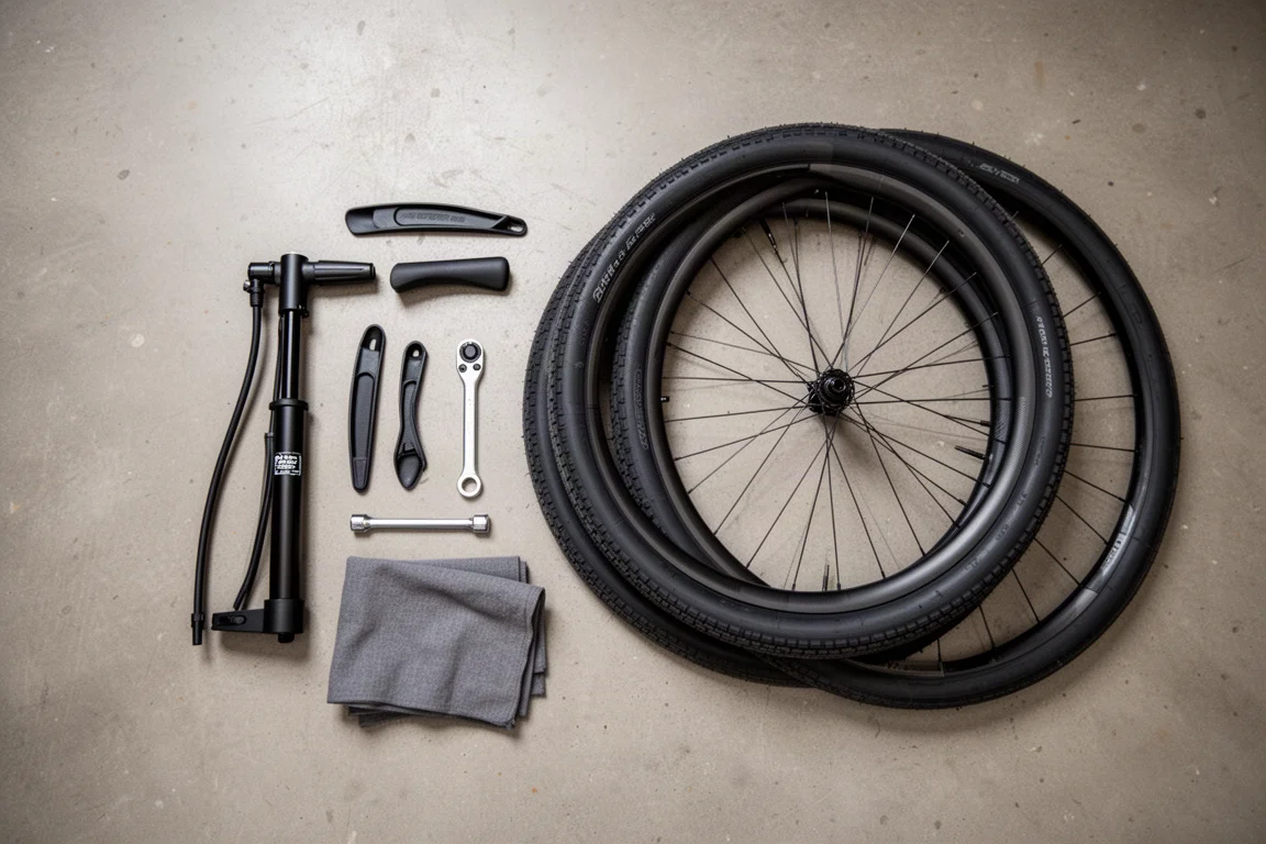 Flat-lay of a track pump, tire levers, and a wheel with a wide slick tire on concrete