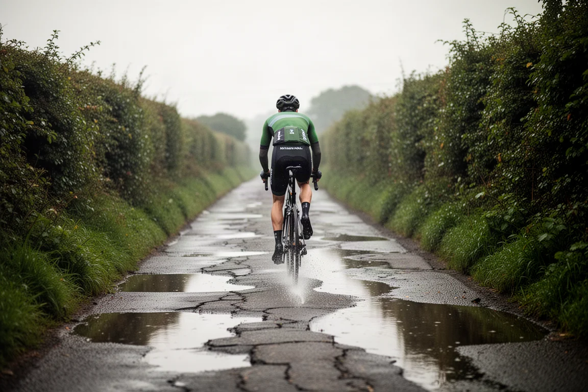 Cycliste roulant sur un vélo de route sur une petite route de campagne mouillée et dégradée bordée de haies