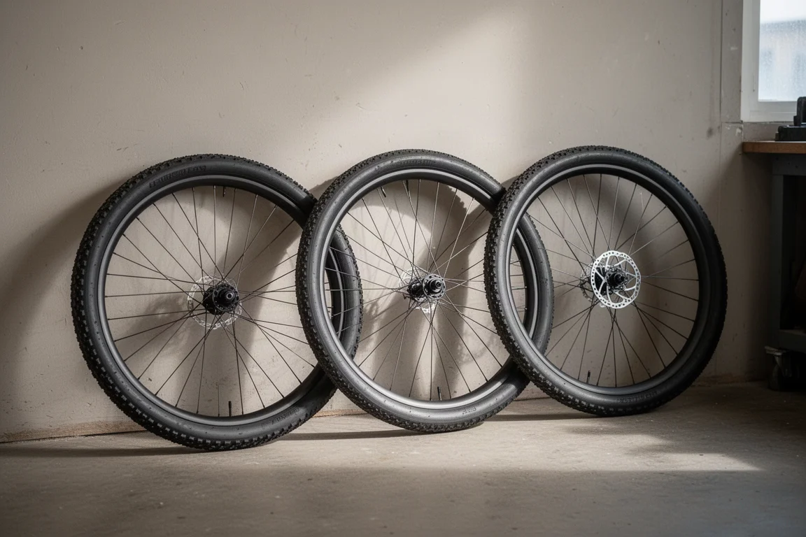 Trois roues de vélo de largeurs de pneus différentes appuyées contre un établi d'atelier